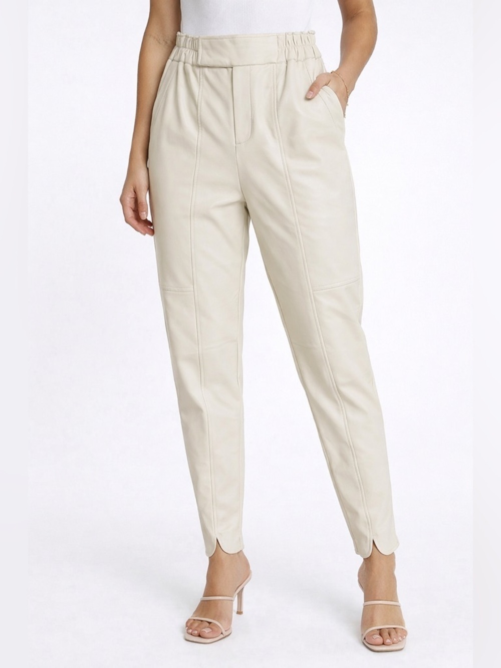 Nicholas Khloe Faux Leather Cream Tapered Pants High Waist Pull On Ankle Detail